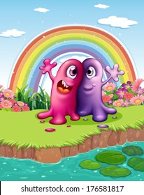 Illustration of the two monsters at the riverbank with a rainbow in the sky