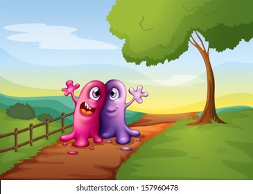 Illustration of the two monsters walking at the pathway in the hilltop