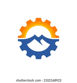 illustration of a two mountain inside a gear. landscape illustration for adventure logo.
