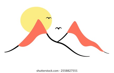 Illustration of two mountains in pastel tones, with a bright yellow sun in the background and two flying past. The image has a simple, minimalist style, suitable for graphic design and logos.