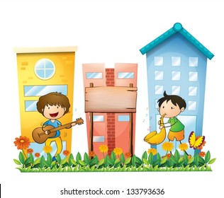 Illustration of the two musicians near an empty wooden signboard on a white background