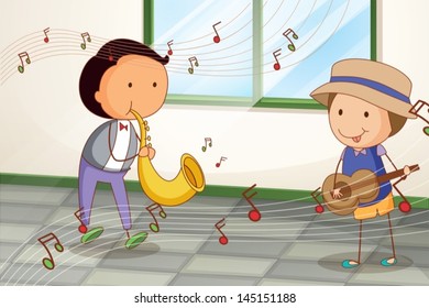 Illustration of the two musicians playing near the window