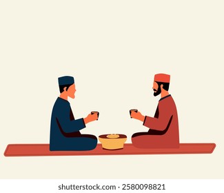 Illustration of two Muslim men sitting and breaking their fast during Ramadan. They enjoy a traditional iftar meal together, symbolizing community, faith, and cultural harmony