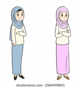 Illustration of Two Muslim Women in Pink and Blue Clothes, Ideal for Diversity, Community, and Cultural Representation Two Muslim women in stylish pink and blue outfits, walking together, symbolizing 