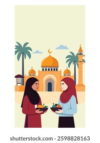 Illustration of two Muslim women in traditional hijab attire exchanging food in front of mosque. Ideal for themes related to Ramadan, Eid, Islamic traditions, and togetherness