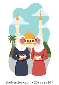 Illustration of two Muslim women in traditional hijab attire exchanging food in front of mosque. Ideal for themes related to Ramadan, Eid, Islamic traditions, and togetherness