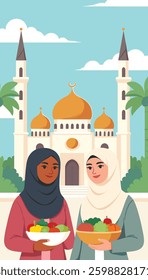 Illustration of two Muslim women in traditional hijab attire exchanging food in front of mosque. Ideal for themes related to Ramadan, Eid, Islamic traditions, and togetherness
