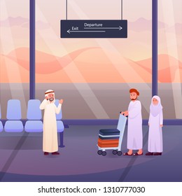 Ilustración de dos musulmanes tras peregrinos de Hajj o Umrah en el aeropuerto Caricatura vectorial