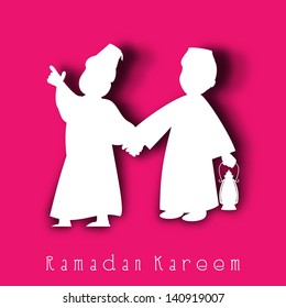 Illustration of two Muslims boys in traditional dress holding lamp on pink background.