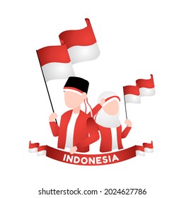 illustration of two Muslims holding Indonesian flags suitable for Indonesia's independence day event