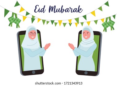 Illustration of two Muslims woman doing the hand gesture of an apology symbol through mobile phones to celebrate Eid al-Fitr.