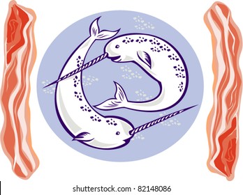 illustration of two narwhal Monodon monoceros unicorn whale with tusk horns set inside oval done with bacon on side