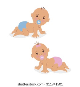 Illustration of two newborn babies crawling on all fours in diapers.