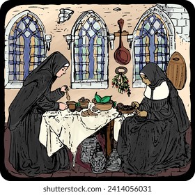 Illustration of two nuns (sisters) in a medieval castle kitchen preparing food.