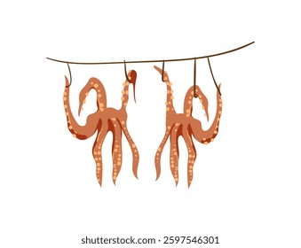 Illustration of two octopus tentacles hanging from a line, a classic Mediterranean preparation style.