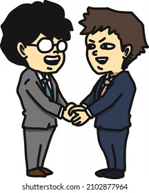 Illustration of two office workers who shake hands firmly after a business talk is concluded.