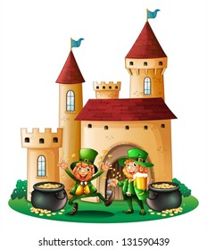 Illustration of the two old men in front of the castle on a white background