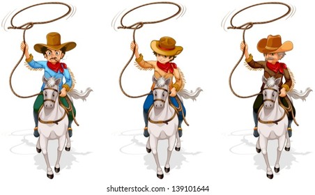 Illustration Of The Two Old And One Young Cowboys On A White Background	