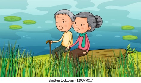 Illustration of two old people sitting near the lake
