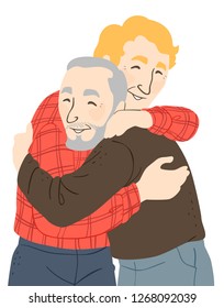 Illustration Of Two Old Senior Man Friends Hugging Each Other As Greeting