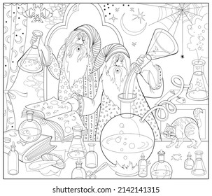 Illustration of two old wizards doing alchemy. Coloring book for children and adults. Image in zen-tangle style. Printable page for drawing and meditation. Black and white vector.