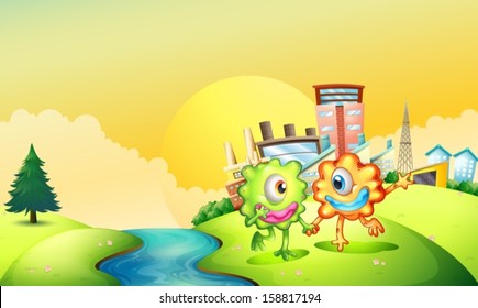 Illustration of the two one-eyed monsters playing at the riverbank