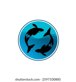 An illustration of two orcas swimming in a circular motion inside a blue circle. This vector design is perfect for logos, icons, or decorations related to the ocean and marine life.