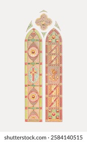 Illustration of two ornate stained glass windows with intricate patterns. Features geometric designs and religious symbols in warm colors. Decorative stained glass art. Vintage illustration, vector.