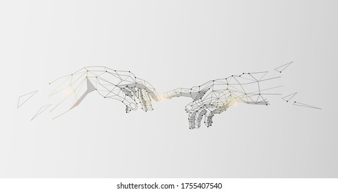 Illustration of two outstretched hands touching each other with fingers, love, feelings, emotions concept, panorama