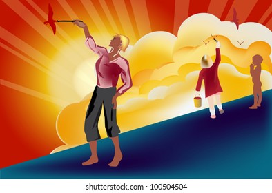 illustration with two painters painting on wall