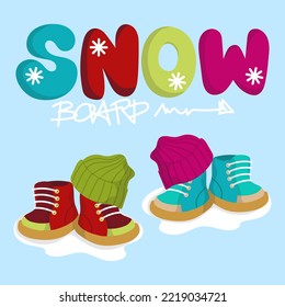 Illustration of two pair of snow boots and wool cap and handmade text 