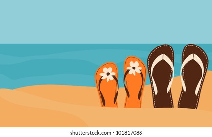 Illustration of two pairs of flip-flops on the beach with the sea in the background.