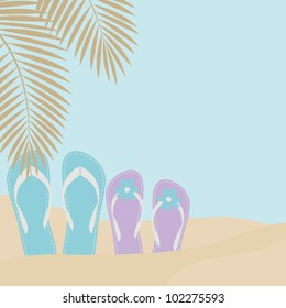 Illustration of two pairs of flip-flops on the beach with palm tree leaves in the background.