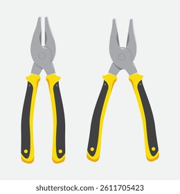An illustration of two pairs of gray pliers with yellow and black handles, one open and one closed, on a light gray background.