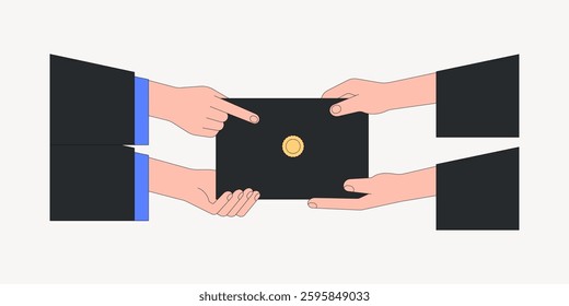 Illustration of two pairs of hands exchanging a diploma. The diploma is central, symbolizing education and achievement. Hands are dressed in graduation gowns. Vector illustration.