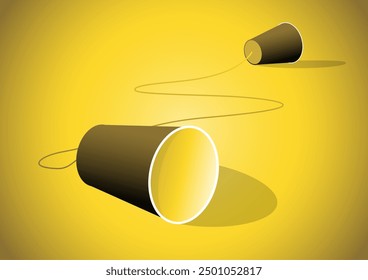 An illustration of two paper cup connect with string used for old phone on yellow background. Old communication concept.