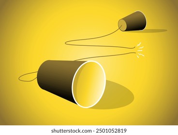 An illustration of two paper cup connect with broken string used for old phone on yellow background. Dispute, conflict, Old communication concept.