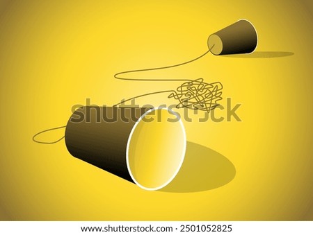 An illustration of two paper cup connect with tangled string used for old phone on yellow background. Dispute, misunderstanding, Old communication concept.