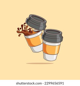 illustration of two paper cup filled with black coffee over beige background