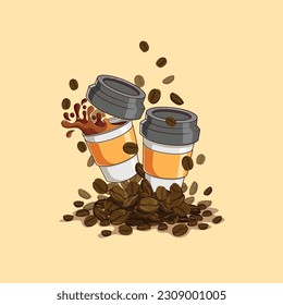 illustration of two paper cups on a pile of coffee beans filled with black coffee on a beige background
