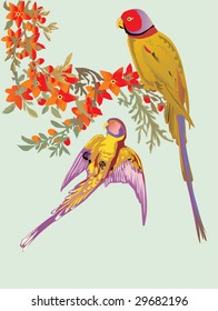 ilustración con dos loros y flores