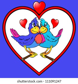 illustration two parrots are kissed in heart