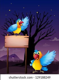 Illustration of two parrots near an empty board