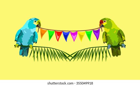 Illustration of two parrots with varicolored flags on yellow background