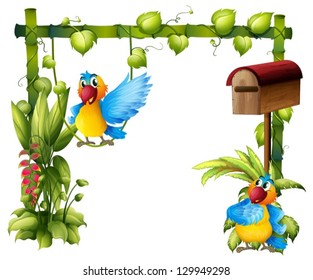 Illustration of two parrots with a wooden mailbox on a white background