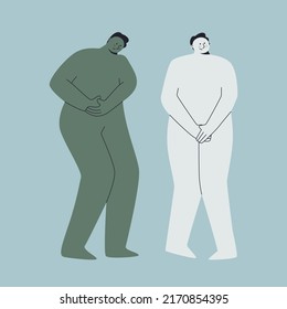 Illustration of two patient characters. One with a cast on his arm, the other with a cast on his leg and on crutches. Problems of traumatology patients. Vector.