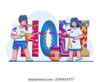 Illustration Two people celebrating the Indian festival Holi with joy and togetherness. They are enthusiastically throwing coloured powder at each other with pichkari.