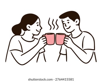 Illustration of two people clinking pink mugs filled with hot drinks, with steam rising, representing a warm and friendly interaction