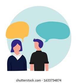 Illustration of two people in conversation. Character design with bubble chat in flat design style. 