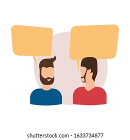 Illustration of two people in conversation. Character design with bubble chat in flat design style. 